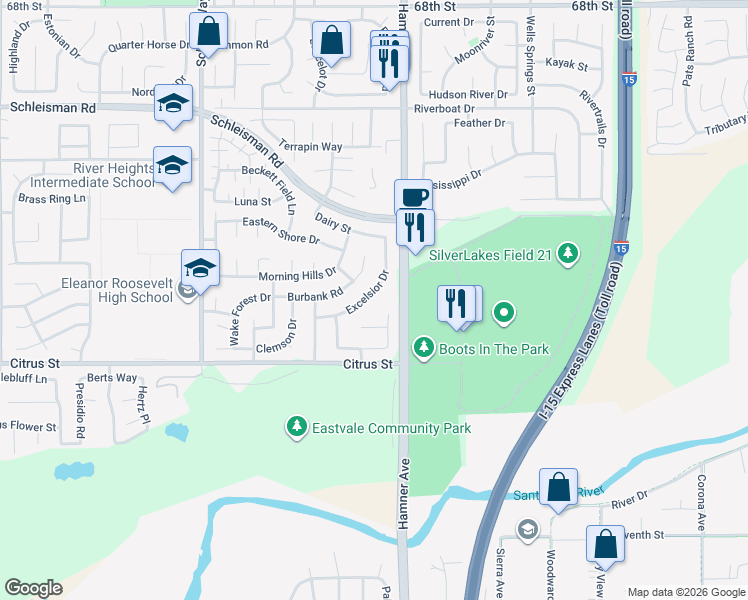 map of restaurants, bars, coffee shops, grocery stores, and more near 7342 Excelsior Drive in Corona
