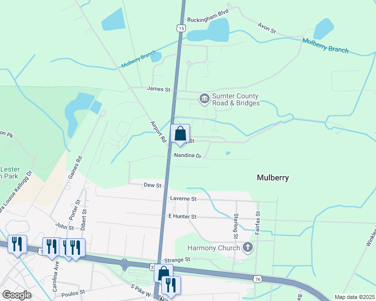 map of restaurants, bars, coffee shops, grocery stores, and more near 47 Nandina Drive in Sumter