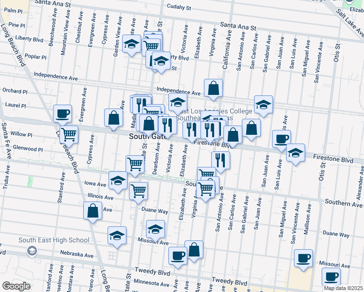 map of restaurants, bars, coffee shops, grocery stores, and more near 8915 Elizabeth Avenue in South Gate