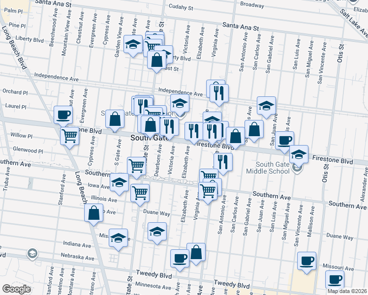 map of restaurants, bars, coffee shops, grocery stores, and more near 8915 Elizabeth Avenue in South Gate