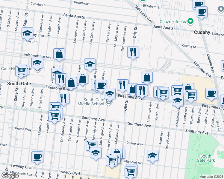 map of restaurants, bars, coffee shops, grocery stores, and more near 8688 San Miguel Avenue in South Gate