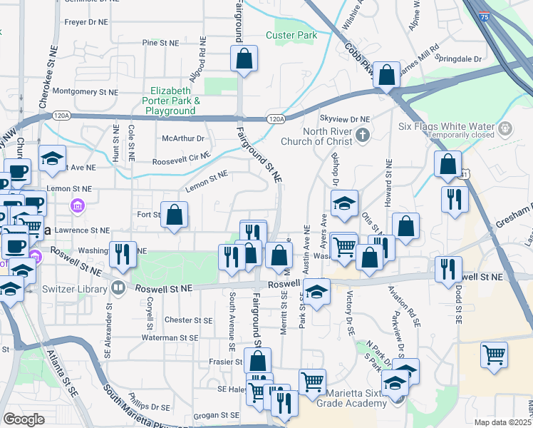 map of restaurants, bars, coffee shops, grocery stores, and more near 580 Fort Street Northeast in Marietta