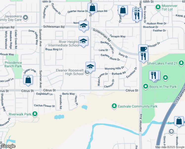 map of restaurants, bars, coffee shops, grocery stores, and more near 7385 Patti Ann Court in Eastvale