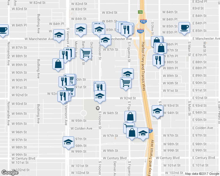 map of restaurants, bars, coffee shops, grocery stores, and more near 620 West 91st Street in Los Angeles