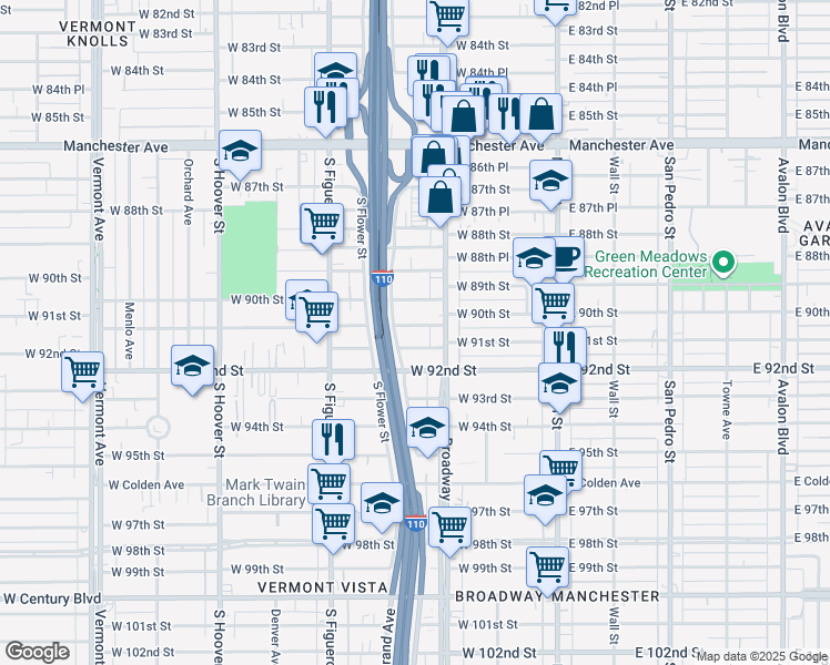 map of restaurants, bars, coffee shops, grocery stores, and more near 330 West 91st Street in Los Angeles