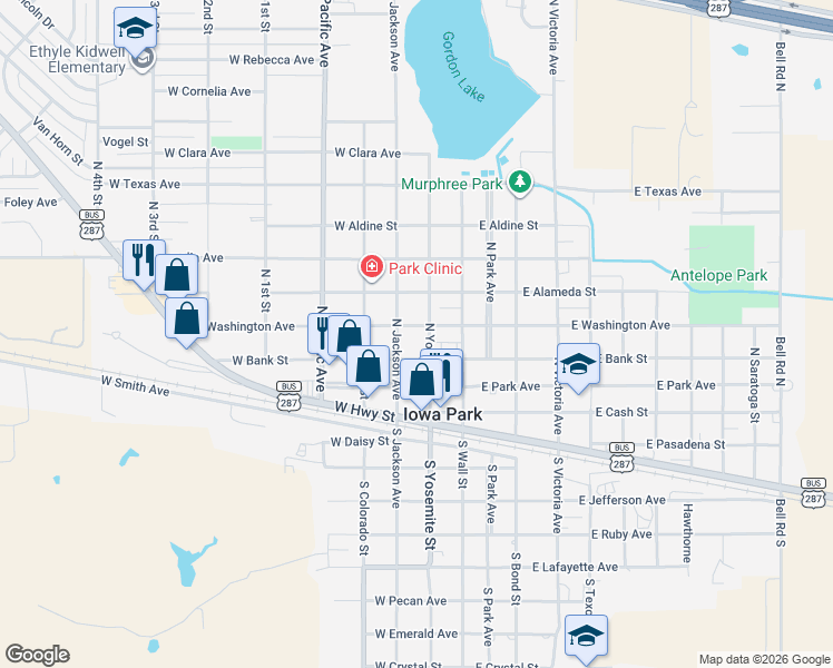 map of restaurants, bars, coffee shops, grocery stores, and more near 211 West Washington Avenue in Iowa Park