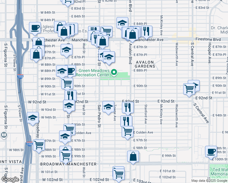 map of restaurants, bars, coffee shops, grocery stores, and more near 357 East 91st Street in Los Angeles