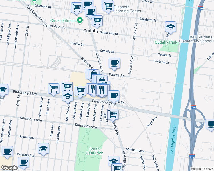map of restaurants, bars, coffee shops, grocery stores, and more near 8644 Atlantic Avenue in South Gate