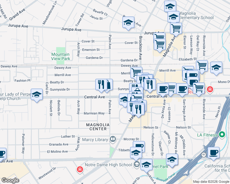 map of restaurants, bars, coffee shops, grocery stores, and more near 4442 Sunnyside Drive in Riverside