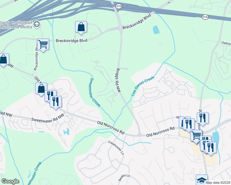 map of restaurants, bars, coffee shops, grocery stores, and more near 1470 Boggs Road Northwest in Duluth