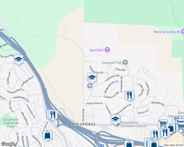 map of restaurants, bars, coffee shops, grocery stores, and more near 21045 Lord Murphy Court in Moreno Valley