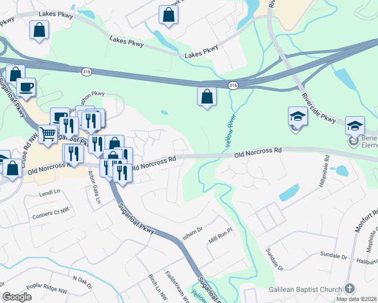 map of restaurants, bars, coffee shops, grocery stores, and more near 1506 Ballentine Drive in Lawrenceville