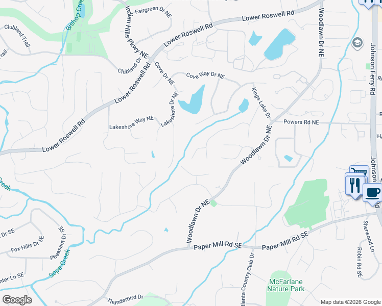 map of restaurants, bars, coffee shops, grocery stores, and more near 311 Kings Court in Marietta