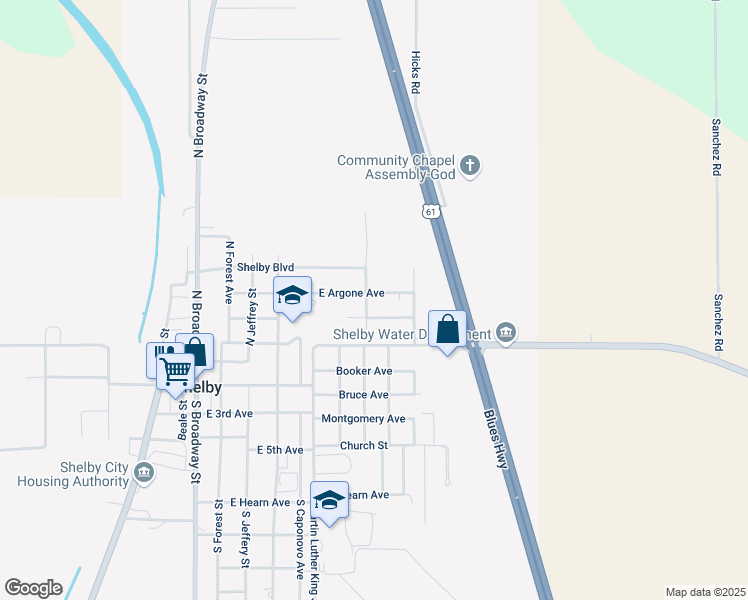 map of restaurants, bars, coffee shops, grocery stores, and more near North Dianne Street in Shelby