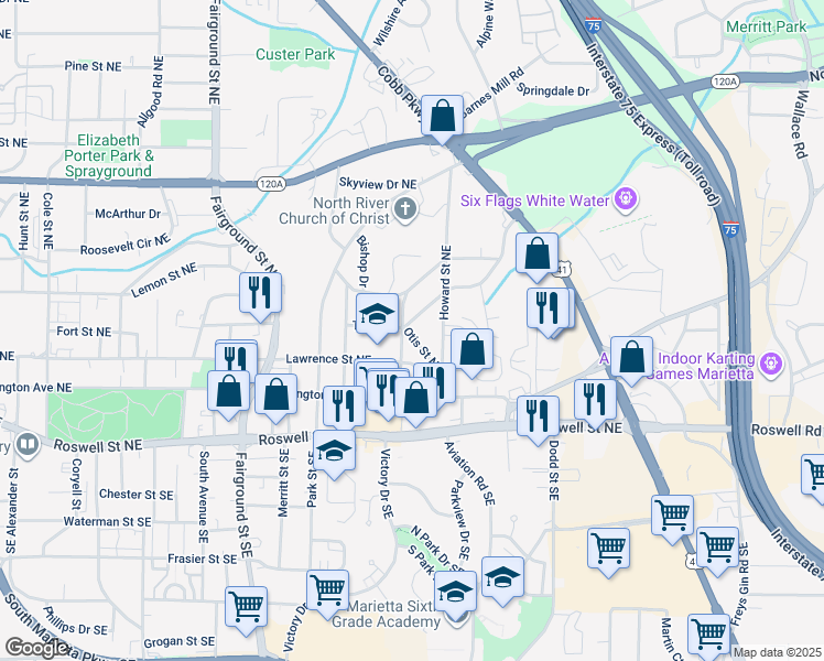 map of restaurants, bars, coffee shops, grocery stores, and more near 774 Richard Street Northeast in Marietta