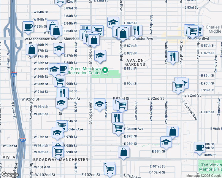 map of restaurants, bars, coffee shops, grocery stores, and more near 439 East 91st Street in Los Angeles