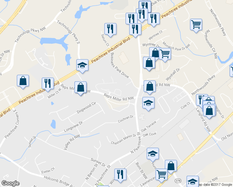 map of restaurants, bars, coffee shops, grocery stores, and more near 5251 Reps Trce in Norcross