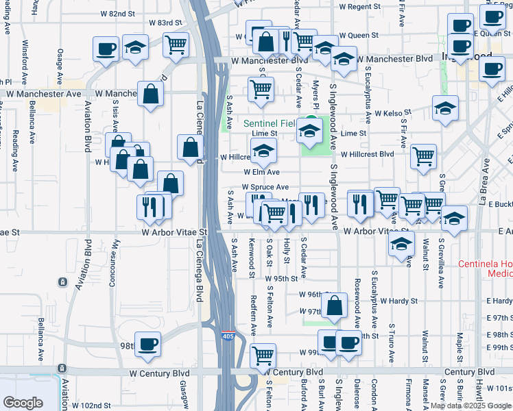 map of restaurants, bars, coffee shops, grocery stores, and more near 608 Magnolia Avenue in Inglewood