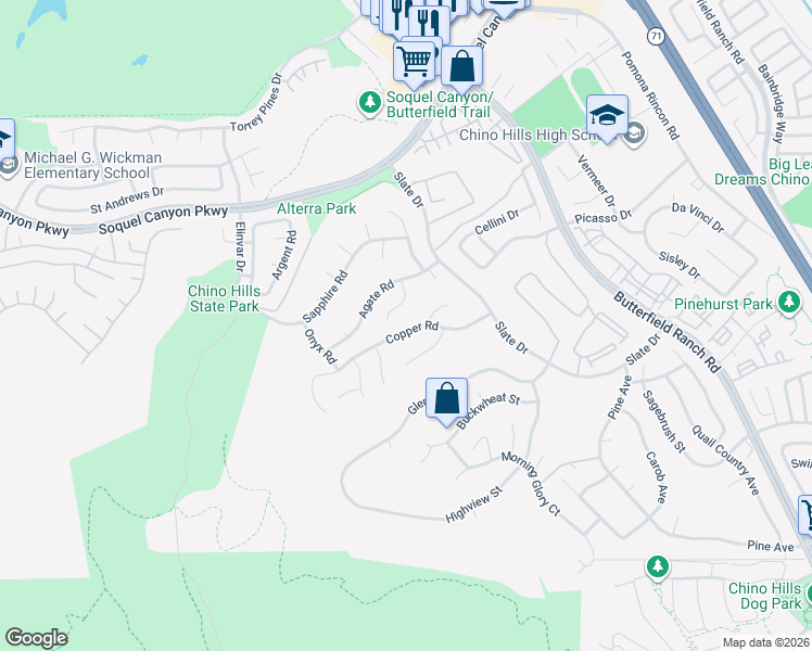 map of restaurants, bars, coffee shops, grocery stores, and more near 5048 Copper Rd in Chino Hills