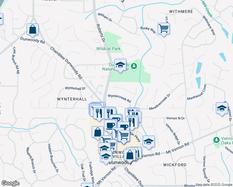 map of restaurants, bars, coffee shops, grocery stores, and more near 1328 Wyntercreek Road in Dunwoody
