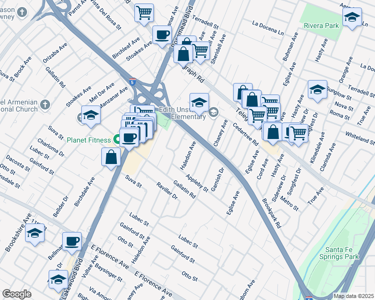 map of restaurants, bars, coffee shops, grocery stores, and more near 9129 Haledon Avenue in Downey