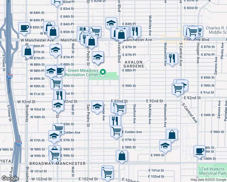 map of restaurants, bars, coffee shops, grocery stores, and more near 439 E 91st St in Los Angeles