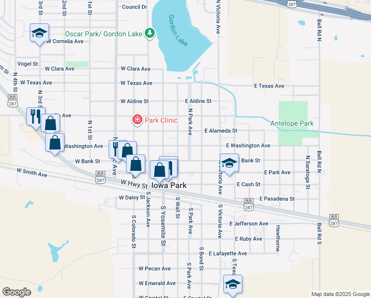 map of restaurants, bars, coffee shops, grocery stores, and more near 107 East Washington Avenue in Iowa Park