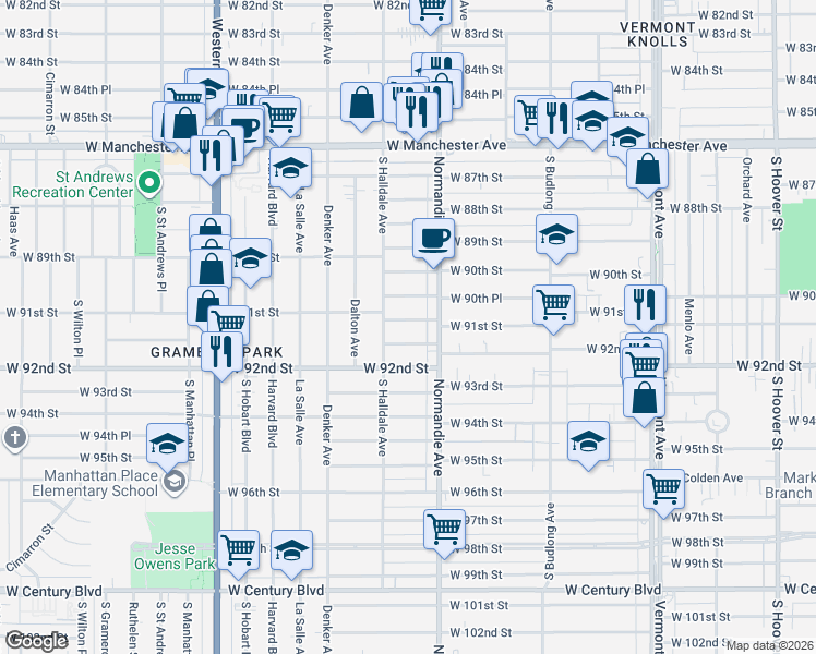 map of restaurants, bars, coffee shops, grocery stores, and more near 1432 West 91st Street in Los Angeles