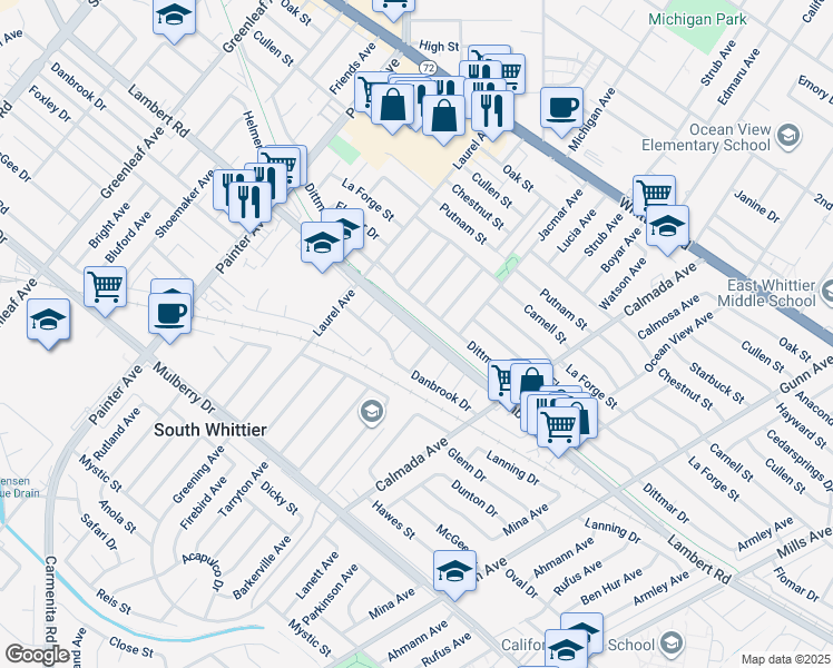map of restaurants, bars, coffee shops, grocery stores, and more near 9002 Maryknoll Avenue in Whittier