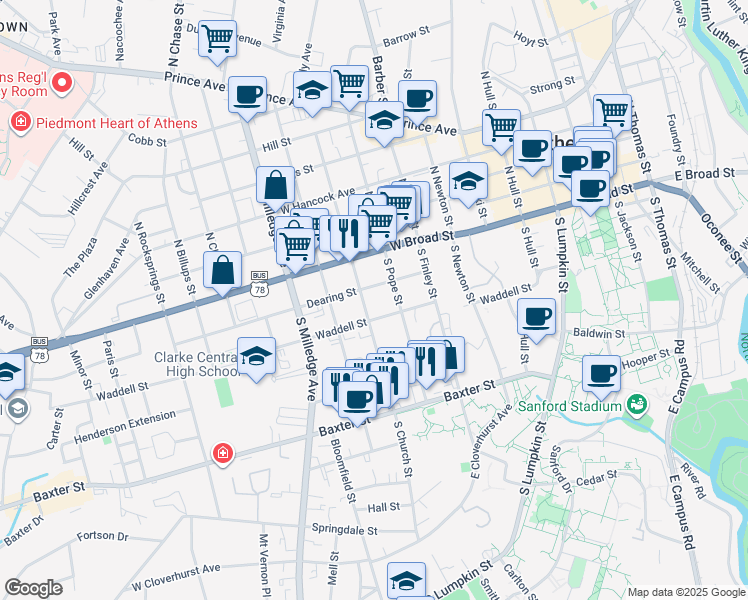 map of restaurants, bars, coffee shops, grocery stores, and more near 235 South Church Street in Athens