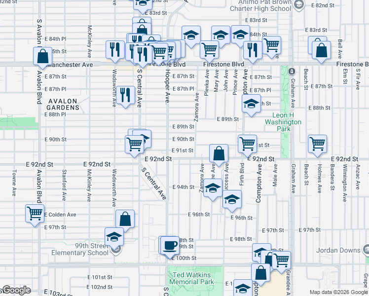 map of restaurants, bars, coffee shops, grocery stores, and more near 1243 East 91st Street in Los Angeles