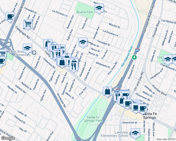 map of restaurants, bars, coffee shops, grocery stores, and more near 8829 Clarinda Avenue in Pico Rivera
