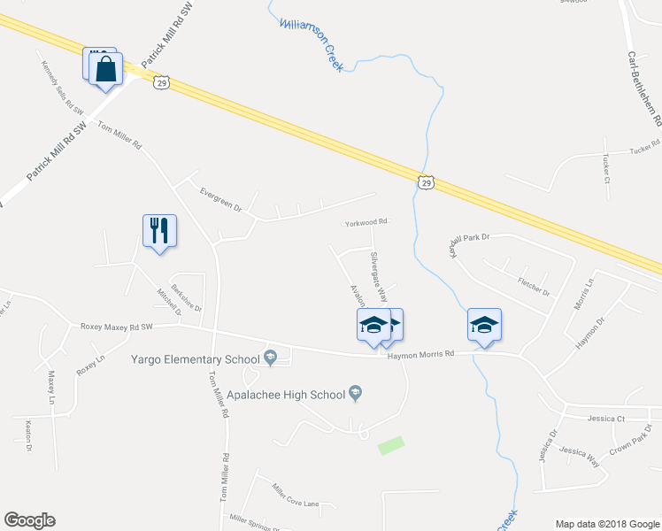 map of restaurants, bars, coffee shops, grocery stores, and more near 2236 Avalon Trace in Winder