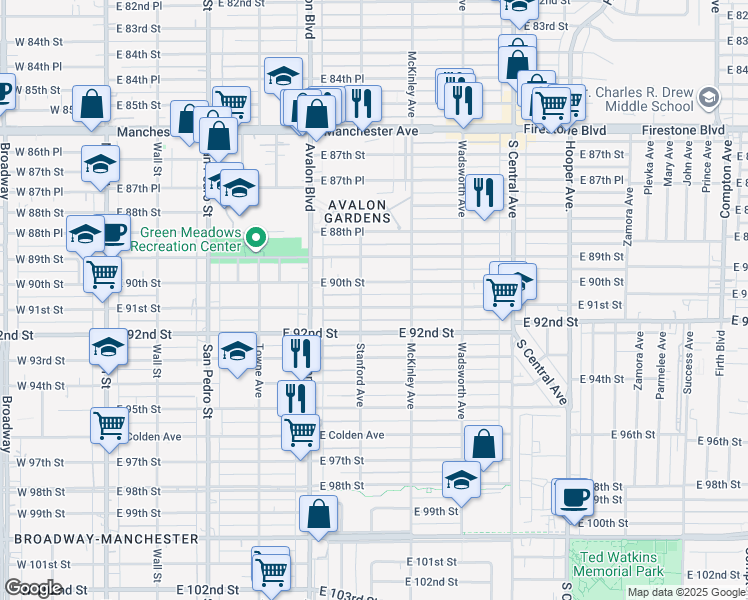map of restaurants, bars, coffee shops, grocery stores, and more near 715 East 91st Street in Los Angeles