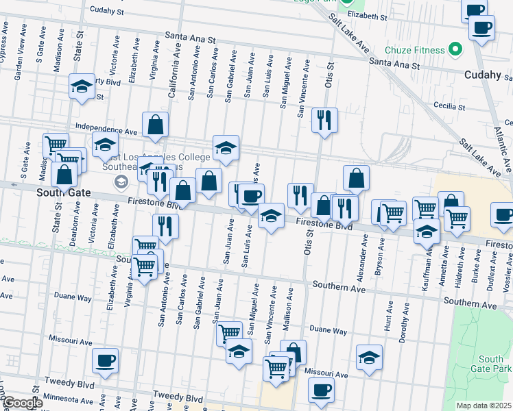 map of restaurants, bars, coffee shops, grocery stores, and more near 8692 San Luis Avenue in South Gate