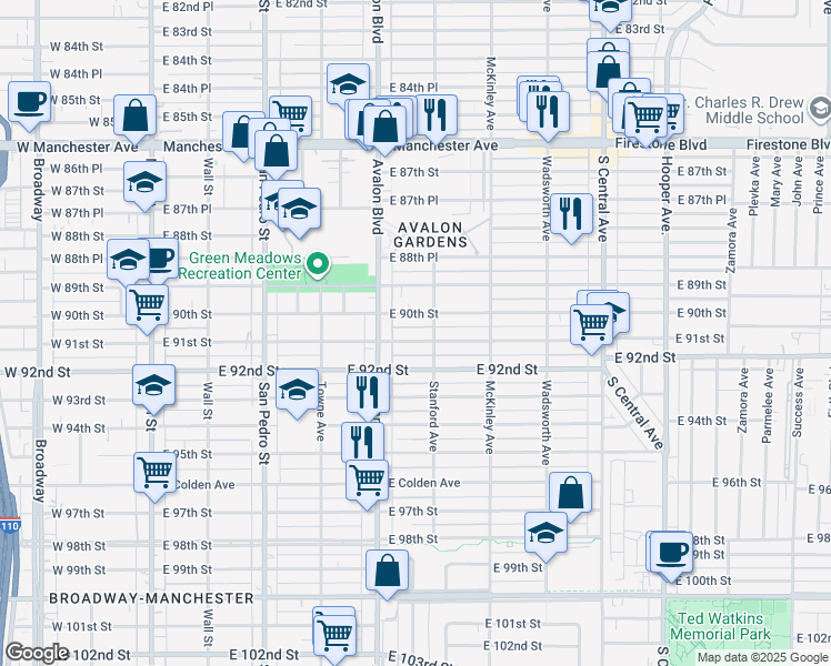 map of restaurants, bars, coffee shops, grocery stores, and more near 641 East 91st Street in Los Angeles