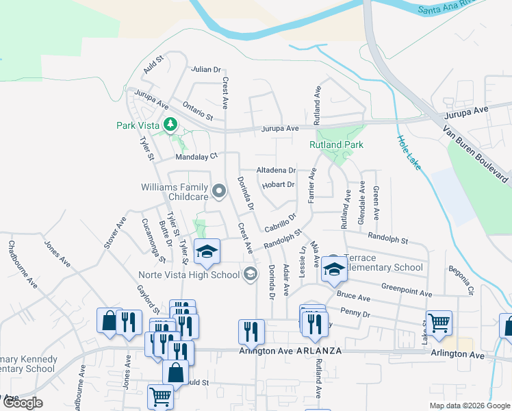 map of restaurants, bars, coffee shops, grocery stores, and more near 6810 Dorinda Drive in Riverside