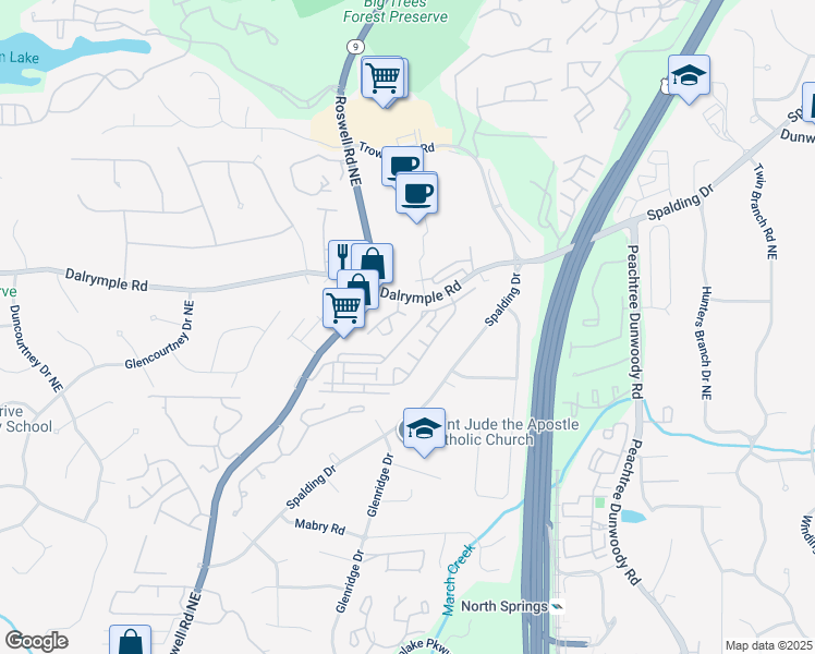 map of restaurants, bars, coffee shops, grocery stores, and more near 7640 Glisten Avenue Northeast in Sandy Springs