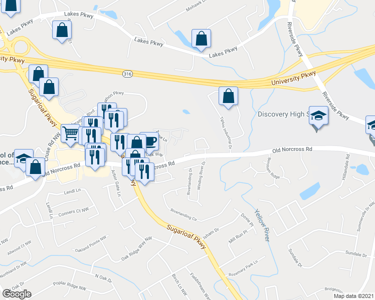 map of restaurants, bars, coffee shops, grocery stores, and more near 1585 Old Norcross Rd in Lawrenceville