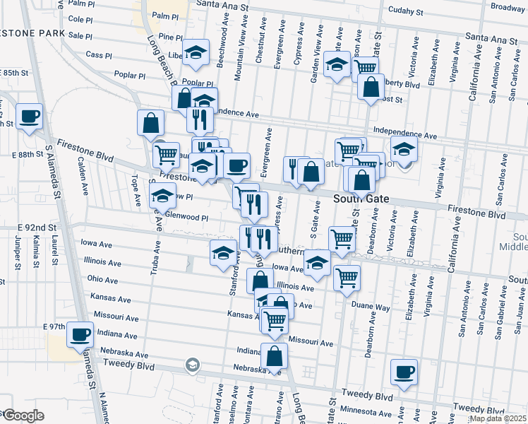 map of restaurants, bars, coffee shops, grocery stores, and more near 8942 Evergreen Avenue in South Gate