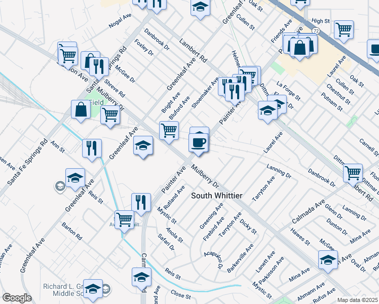 map of restaurants, bars, coffee shops, grocery stores, and more near 9135 Painter Ave in Whittier