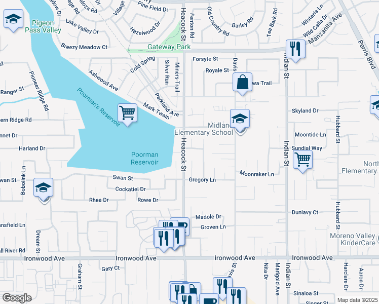 map of restaurants, bars, coffee shops, grocery stores, and more near 24027 Sandbow Street in Moreno Valley