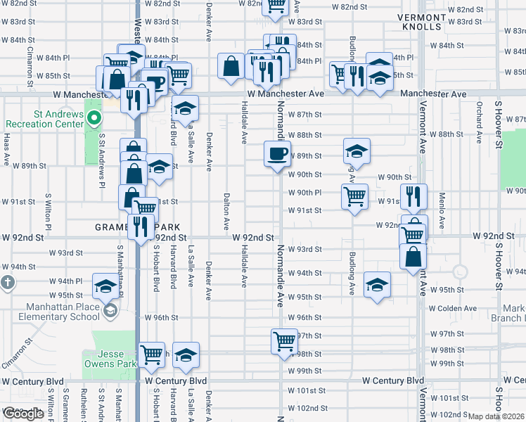 map of restaurants, bars, coffee shops, grocery stores, and more near 1428 West 91st Street in Los Angeles