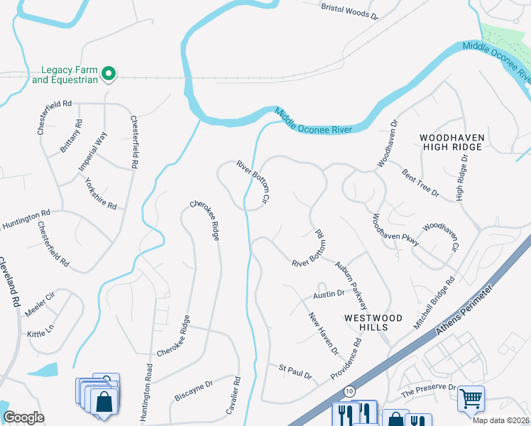 map of restaurants, bars, coffee shops, grocery stores, and more near 128 River Bottom Circle in Athens