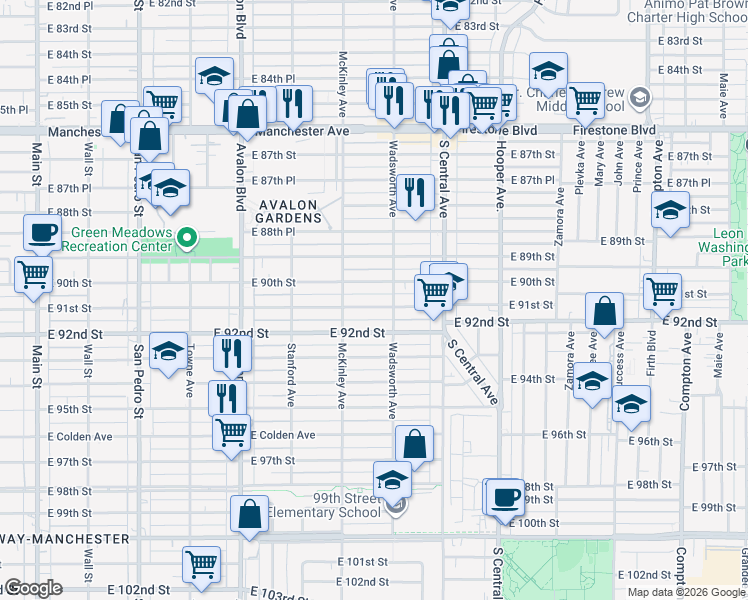 map of restaurants, bars, coffee shops, grocery stores, and more near 823 East 91st Street in Los Angeles