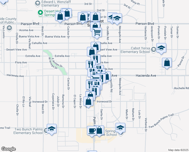 map of restaurants, bars, coffee shops, grocery stores, and more near Palm Dr & Hacienda Ave in Desert Hot Springs