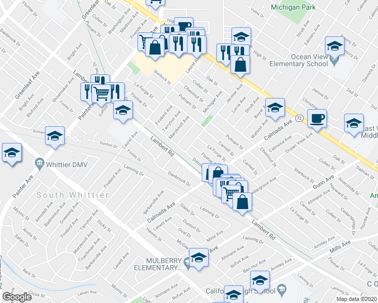map of restaurants, bars, coffee shops, grocery stores, and more near 13903 Dittmar Drive in Whittier