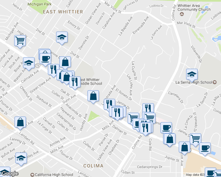 map of restaurants, bars, coffee shops, grocery stores, and more near 8781 Enramada Avenue in Whittier