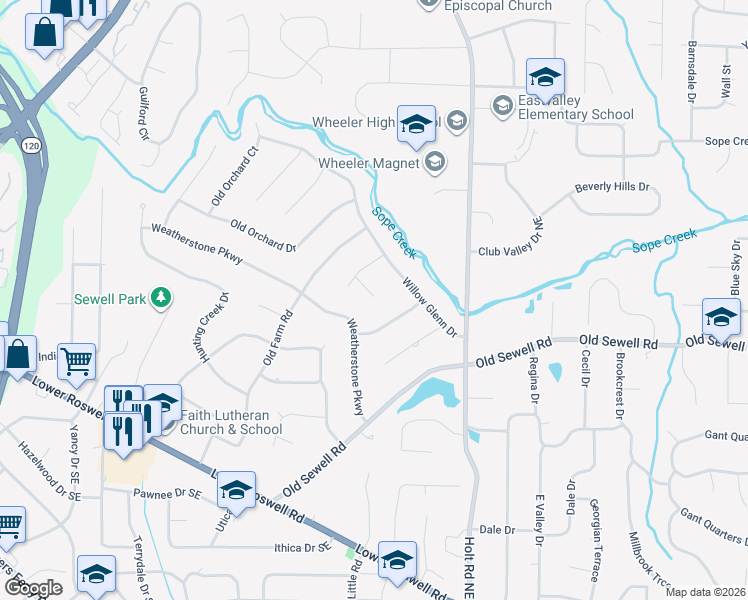 map of restaurants, bars, coffee shops, grocery stores, and more near 186 Spring Field Ln in Marietta