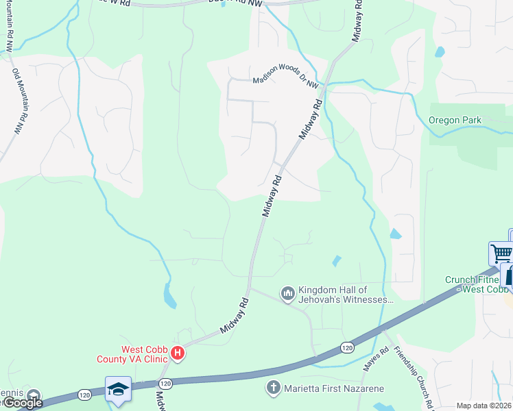 map of restaurants, bars, coffee shops, grocery stores, and more near 126 Midway Road in Marietta